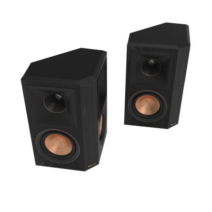 Perechea Klipsch RP-502S II in finisaj Ebony, fara grile, cu cele doua fete inclinate vizibile