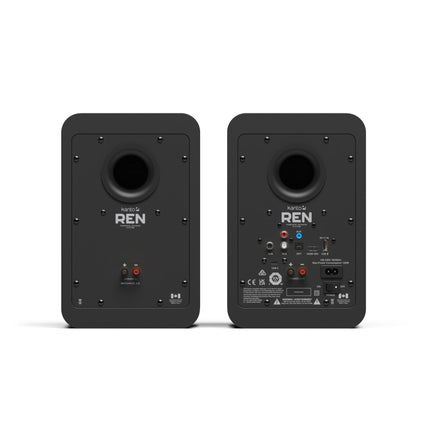 Kanto Audio REN powered speakers in black, rear panels with the connections