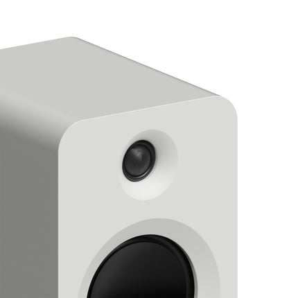 Kanto Audio REN powered speakers in white, silk dome tweeter detail