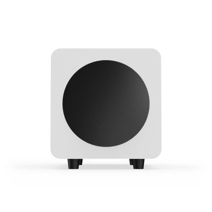 Субуфер Kanto Audio SUB6, матово бяло, изглед отпред с кръглата перфорирана решетка