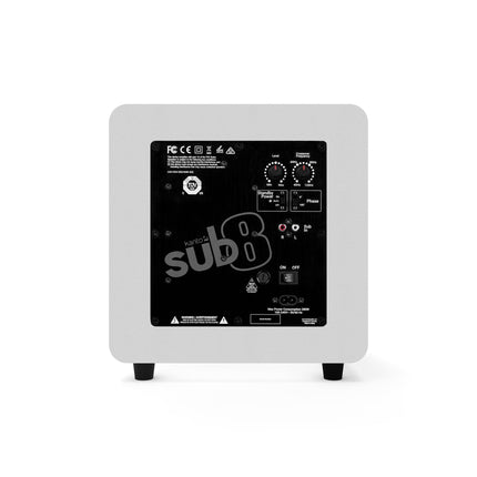 Задната страна на субуфера Kanto Audio SUB8, матово бяло, с RCA входовете и регулаторите