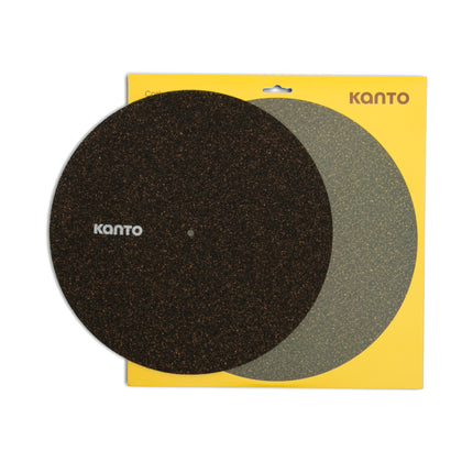 Kanto Audio TT-CRM record mat in front of its yellow retail packaging
