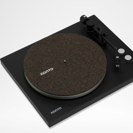 Kanto Audio TT-CRM on a black Kanto turntable, angled view on a grey background