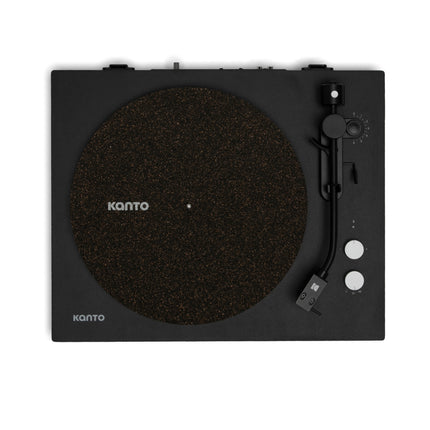 Black Kanto turntable seen from above, with the TT-CRM mat on the platter
