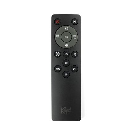 Telecomanda inclusa cu boxele Klipsch The Fives, cu butoane dedicate de sursa si de subwoofer