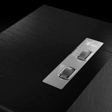 Detaliu cu butoanele metalice de volum si sursa si indicatoarele LED de pe boxa Klipsch The Nines