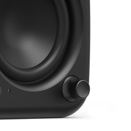 Активни тонколони Kanto Audio UKI Black, детайл с регулатора за звука и изхода за слушалки