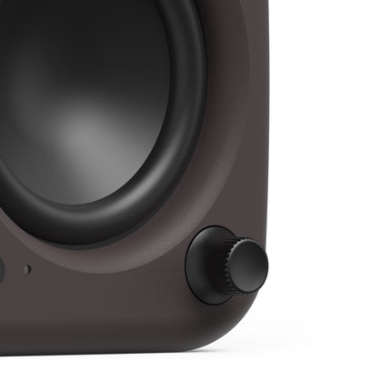 Kanto Audio UKI powered speakers Pumice, detail of the volume knob and headphone jack