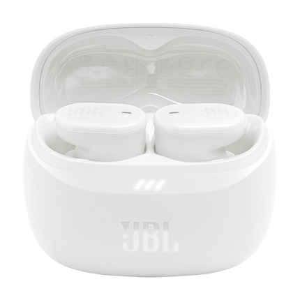 Слушалки JBL Tune Buds 2 (бяло): отворен калъф за зареждане с двете слушалки вътре