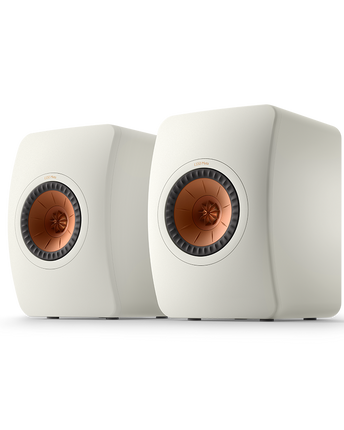 KEF LS50 Meta, finisaj Mineral White, vedere din față și lateral