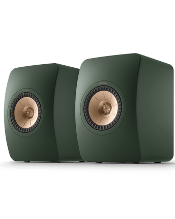 KEF LS50 Meta, finisaj Moss Green, vedere din față și lateral
