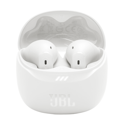 Слушалки JBL Tune Flex 2 (бяло): отворен калъф за зареждане с двете слушалки вътре