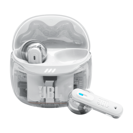 Слушалки JBL Tune Flex 2 (Ghost White): отворен калъф за зареждане и една слушалка, студийна снимка