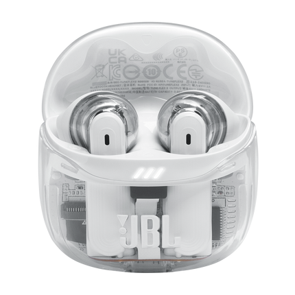 Слушалки JBL Tune Flex 2 (Ghost White): отворен калъф за зареждане с двете слушалки вътре