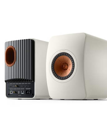 KEF LS50 Wireless II, finisaj Mineral White, vedere frontală și posterioară