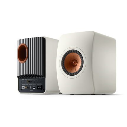 KEF LS50 Wireless II, finisaj Mineral White, vedere frontală și posterioară