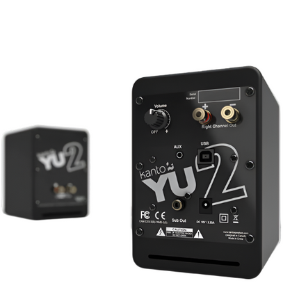 Kanto Audio YU2 black active speaker, rear panel: volume knob, terminals for the passive speaker, AUX, USB, subwoofer output and DC input