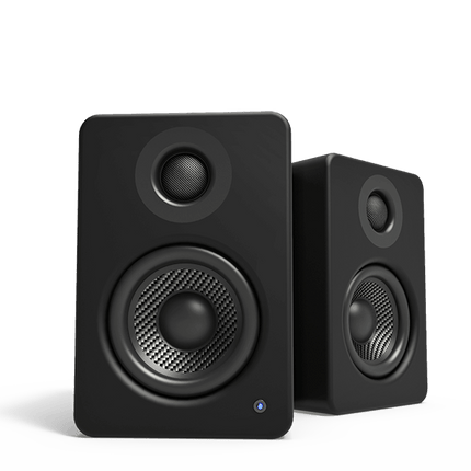 Kanto Audio YU2 black powered speakers, the pair seen at an angle