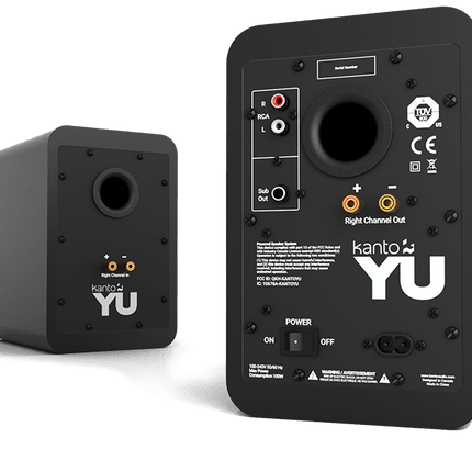 Boxe active Kanto Audio YU negre, panourile din spate: intrare RCA, ieșire subwoofer și borne pentru boxa pasivă