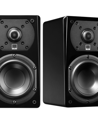 SVS Prime Satellite, finisaj Piano Gloss Black, perechea de boxe compacte văzută din față și din lateral