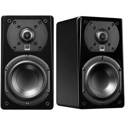 SVS Prime Satellite, finisaj Piano Gloss Black, perechea de boxe compacte văzută din față și din lateral