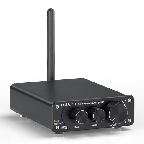 Amplificatorul Fosi Audio BT10A, cu antenă și comenzi pentru bas, înalte și volum