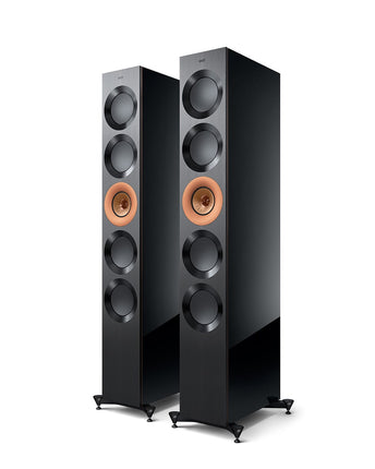 KEF Reference 5 Meta, finisaj High Gloss Black / Copper, vedere din față și lateral