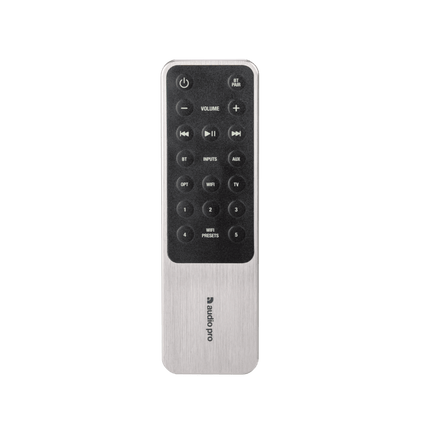 Telecomanda Audio Pro a seriei A, cu butoane de volum, redare, intrări și presetări