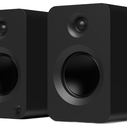 Kanto Audio REN powered speakers in black, pair, angled view