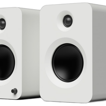 Kanto Audio REN powered speakers in white, pair, angled view
