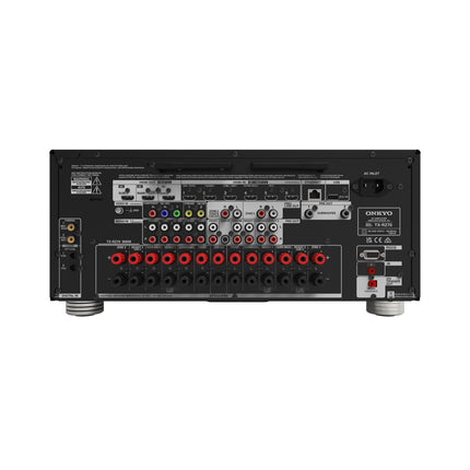 Panoul din spate al Onkyo TX-RZ70 in versiunea europeana, cu 7 intrari HDMI si borne pentru 11 canale