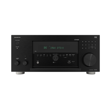 Onkyo TX-RZ70 cu clapeta frontala deschisa, aratand comenzile si intrarea HDMI frontala