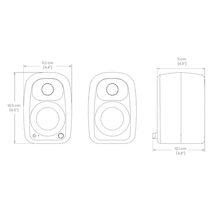 Технически чертеж на Kanto Audio UKI с размери: лице 11,2 x 16,5 см, дълбочина 11 см, 12,1 см с регулатора