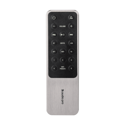 Telecomanda Audio Pro a seriei A, cu butoane de volum, redare, intrări și presetări