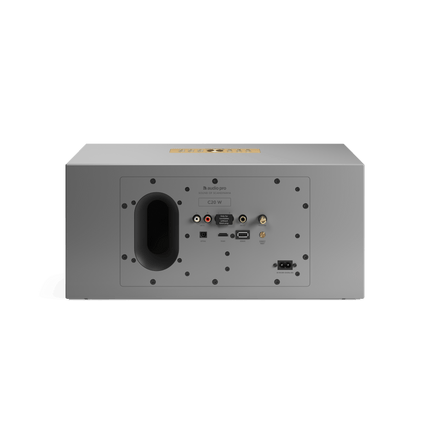 Panoul din spate al Audio Pro C20 W gri: LINE IN, PHONO (MM), SUB OUT, OPTICAL și TV/ARC