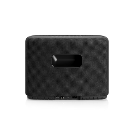 Spatele Audio Pro A15 W neagră: mânerul decupat și, jos, CONNECT/RESET, SUB OUT, AUX și mufa de alimentare
