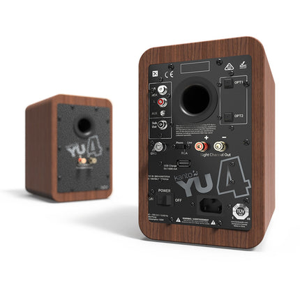 Задните панели на чифта Kanto Audio YU4 в орех: активната тонколона с входове RCA, AUX, два оптични и изход за субуфер