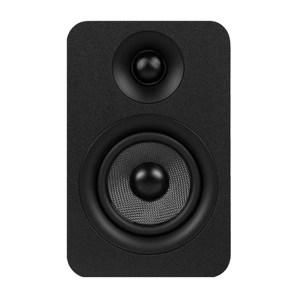 One black Kanto Audio YUP4 speaker, front: silk dome tweeter and Kevlar woofer