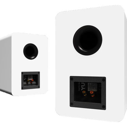 Back of the white Kanto Audio YUP6 pair: binding posts and bass reflex port