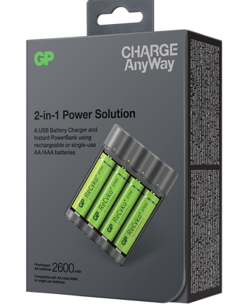 Incarcator acumulatori si powerbank GP Charge AnyWay X411 + 4 acumulatori ReCyko AA 2700mAh