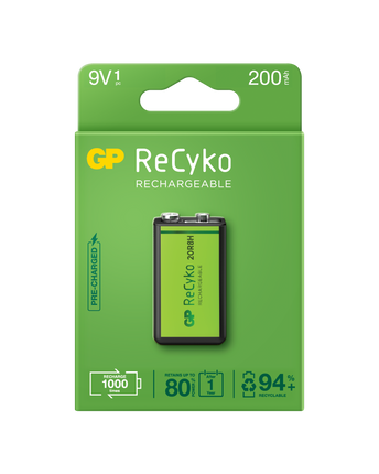 Baterii reincarcabile GP ReCyko 9V 200mAh,  ambalaj reciclabil 1pcs