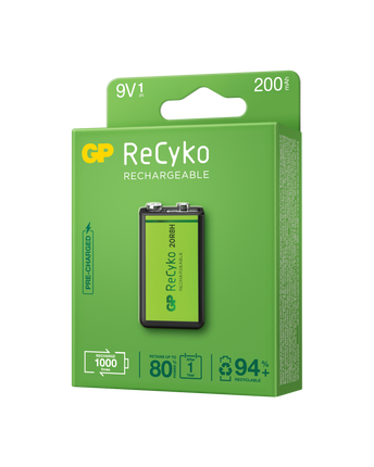 Baterii reincarcabile GP ReCyko 9V 200mAh,  ambalaj reciclabil 1pcs