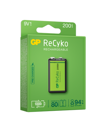 Baterii reincarcabile GP ReCyko 9V 200mAh,  ambalaj reciclabil 1pcs