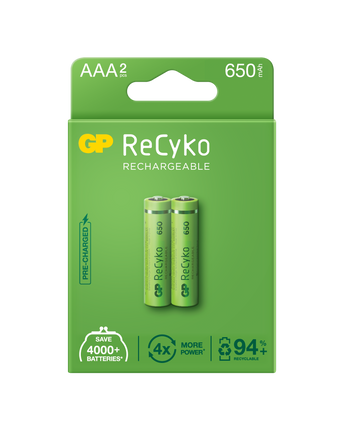 Baterii reincarcabile GP ReCyko AAA 650mAh (R03), ambalaj reciclabil 2pcs
