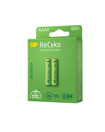 Baterii reincarcabile GP ReCyko AAA 650mAh (R03), ambalaj reciclabil 2pcs