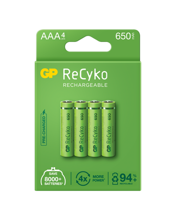 Baterii reincarcabile GP ReCyko AAA 650mAh (R03), ambalaj reciclabil 4pcs
