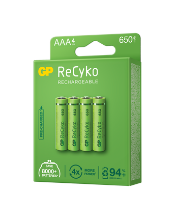 Baterii reincarcabile GP ReCyko AAA 650mAh (R03), ambalaj reciclabil 4pcs