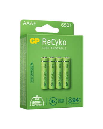 Baterii reincarcabile GP ReCyko AAA 650mAh (R03), ambalaj reciclabil 4pcs